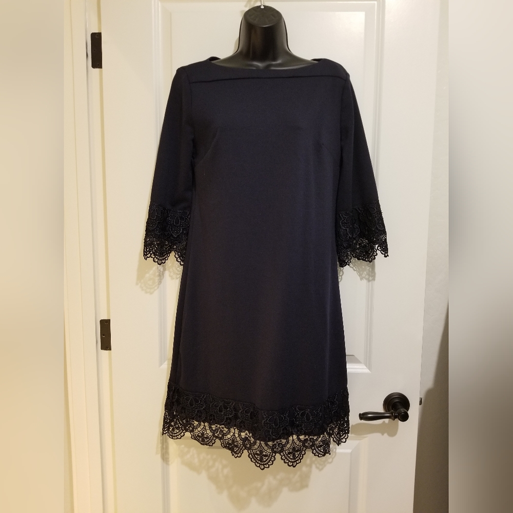 NWT Beautiful Beige by eci Navy Lace boat neck dress sz 6
